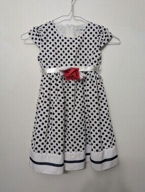 Polka Dot Satin Belt Flower Dress - White & Black Miss Rose 6 Years